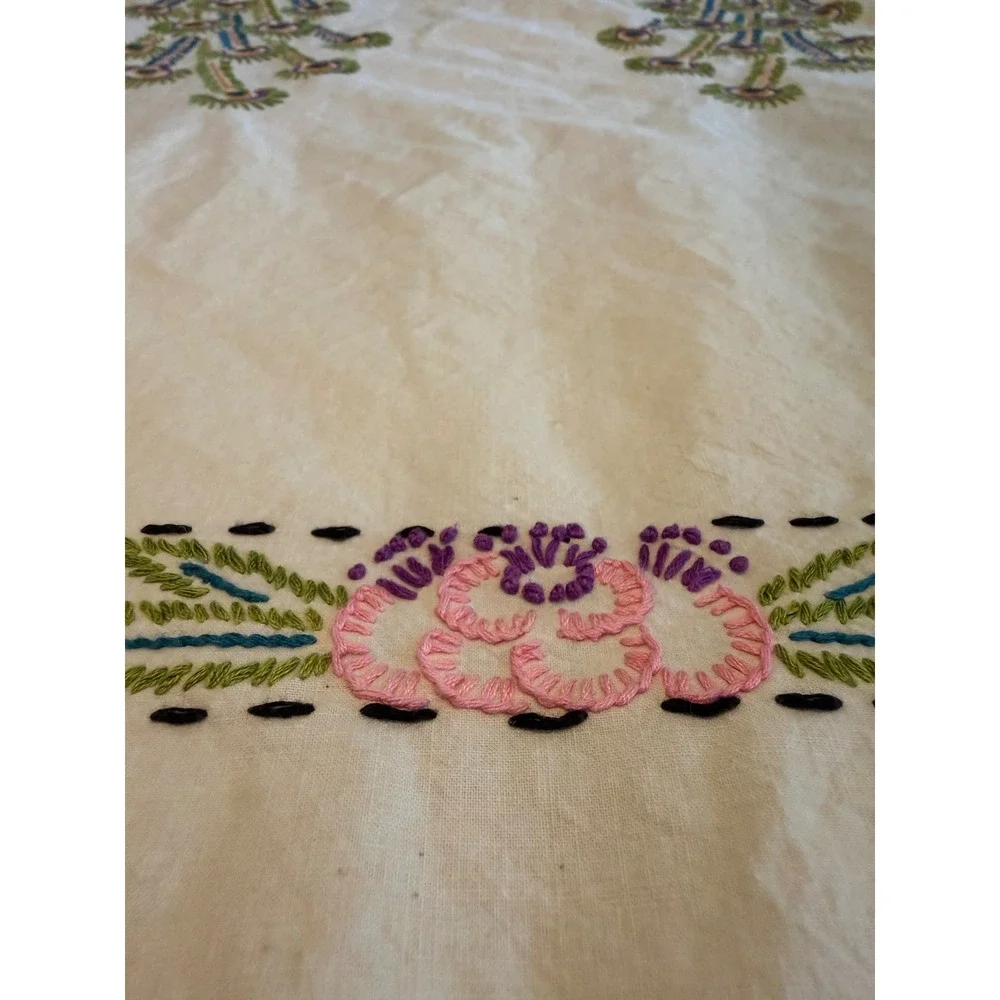 Vintage Hand Embroidered Peacock Bedspread Floral Coverlet Cream Bohemian 84x72